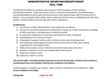 Administrative Secretary/Receptionist Advertisement