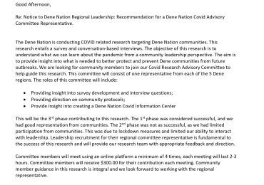 Dene Nation COVID Advisory Committee Representative Advertisement