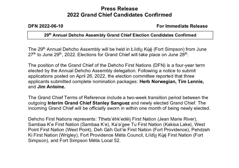 29th Annual Dehcho Assembly Grand Chief Election Candidates Confirmed