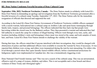 Dene Nation Condemns Forceful Invasion of Dene Cultural Camp