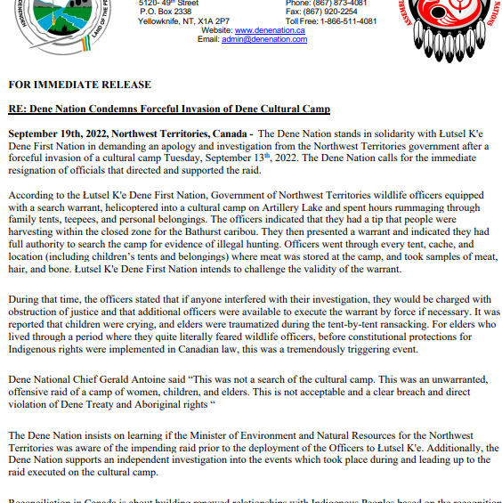 Dene Nation Condemns Forceful Invasion of Dene Cultural Camp