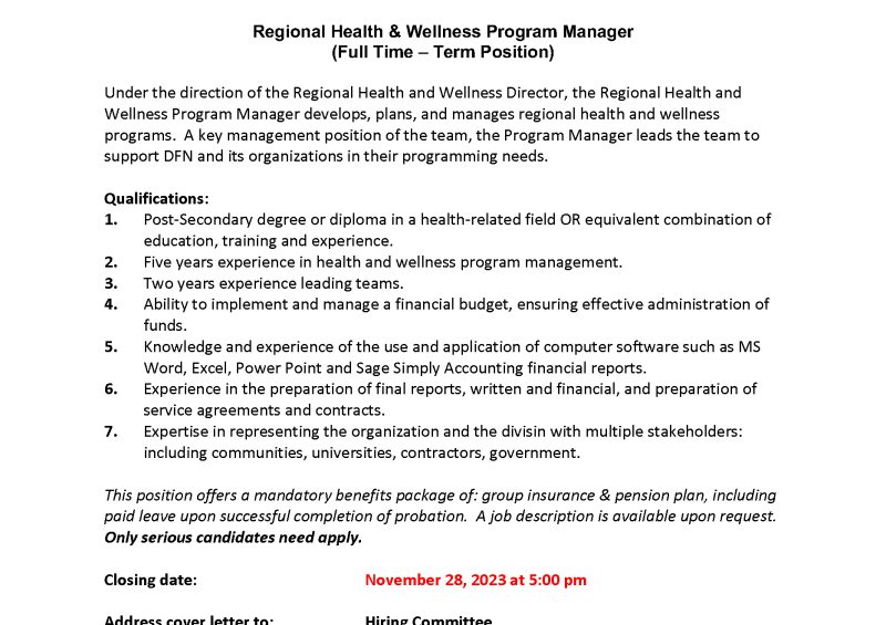 Employment Opportunity: Regional Health & Wellness Program Manager