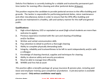 Employment Opportunity – JANITOR (Permanent Part-time)