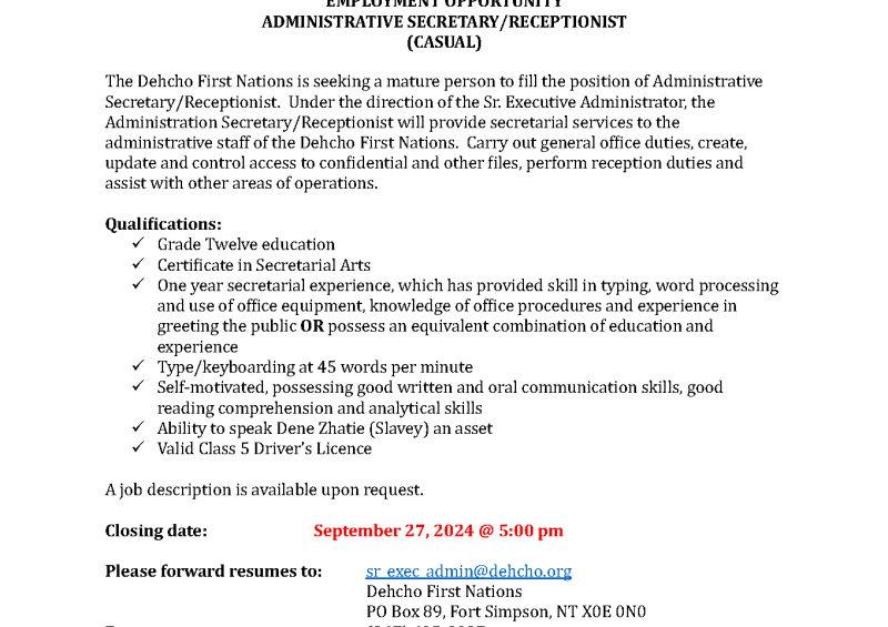 Employment Opportunity: ADMINISTRATIVE SECRETARY/RECEPTIONIST (CASUAL)