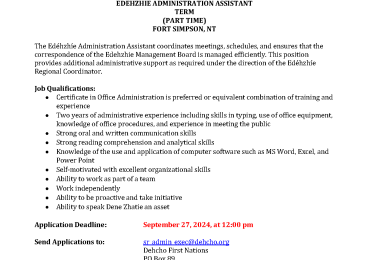 Employment Opportunity: EDEHZHIE ADMINISTRATION ASSISTANT  TERM  (PART TIME)