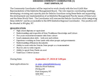 Employment Opportunity: EDEHZHIE COMMUNITY COORDINATOR (1) FORT SIMPSON, NT
