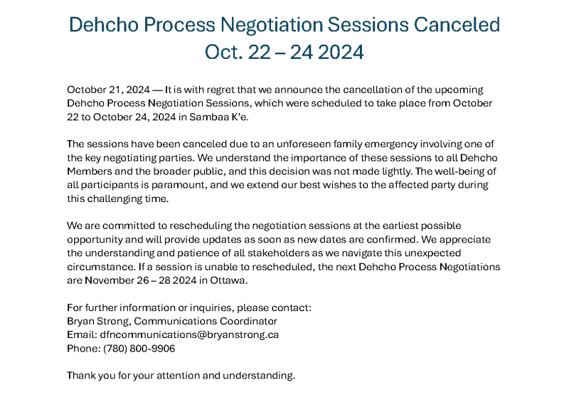 Dehcho Process Negotiation Sessions Canceled Oct. 22 – 24 2024