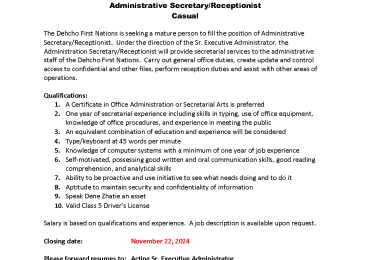 EMPLOYMENT OPPORTUNITY Administrative Secretary/Receptionist Casual