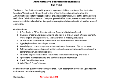 EMPLOYMENT OPPORTUNITY Administrative Secretary/Receptionist Full Time