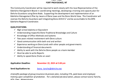 EDEHZHIE COMMUNITY COORDINATOR PART TIME FORT PROVIDENCE, NT