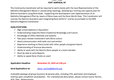 EDEHZHIE COMMUNITY COORDINATOR PART TIME FORT SIMPSON, NT