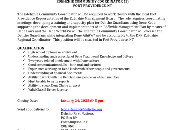 JOB OPPORTUNITY EDÉHZHÍE COMMUNITY COORDINATOR (1) FORT PROVIDENCE, NT